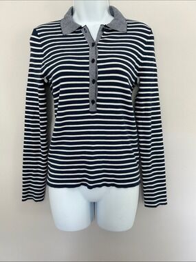 Madewell Striped Ribbed Navy & White Long-Sleeve Polo Top